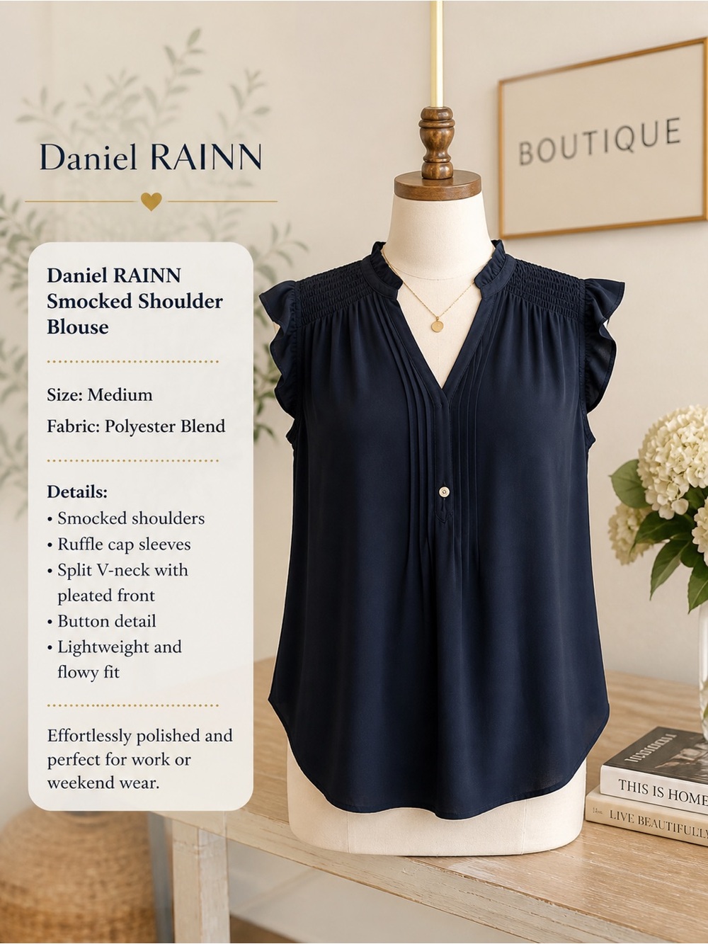 Daniel Rainn Navy Smocked/ ruffled Sleeves/ V NeckTop / women’s size 6 / breezy